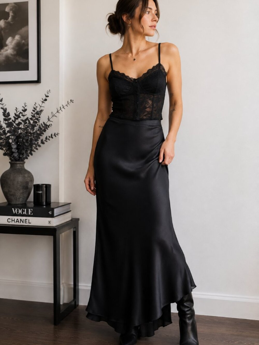 Vintage Black Satin Maxi Skirt Mermaid Hem Y2K Evening Slip Skirt Size 10 ✨